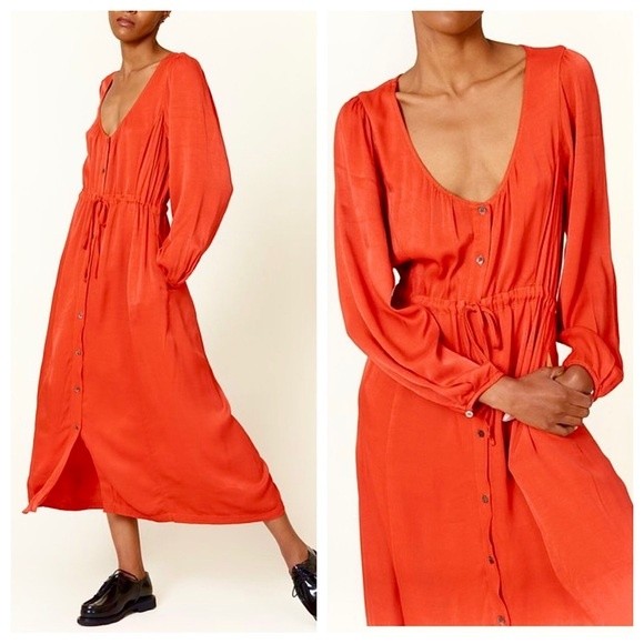 Raquel Allegra Sunday Midi Dress Firefly Orange Shirt Drawstring Waist Nwot 2